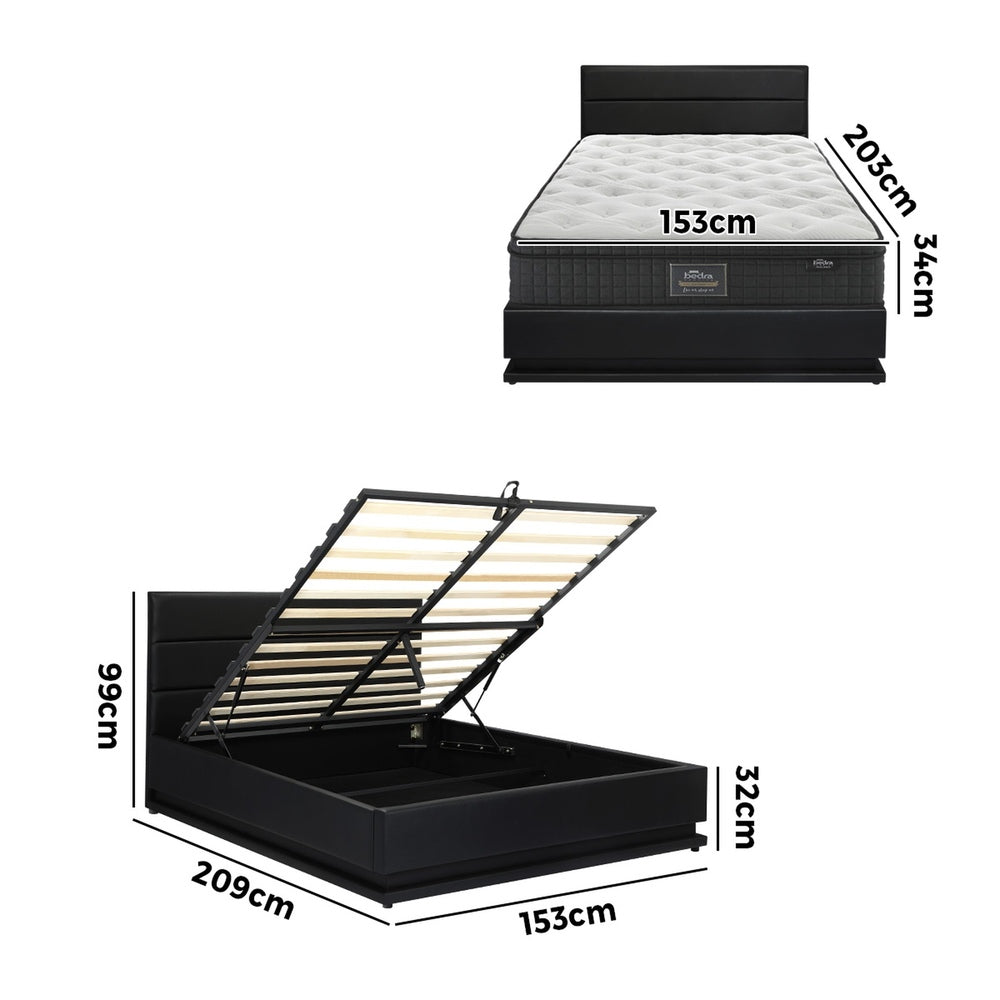 Oikiture Bed Frame with Mattress Queen Size LED Gas Lift Black LAYZ