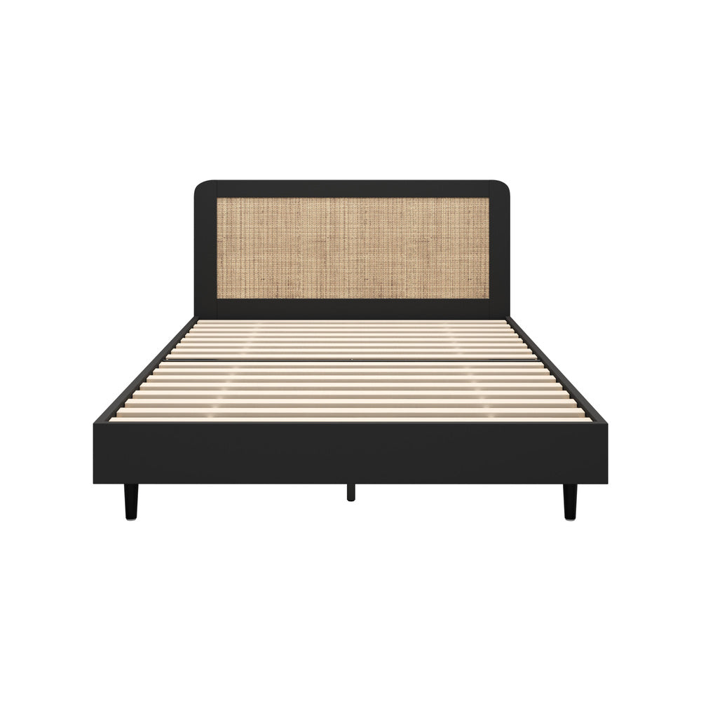 Bed Frame Double Size Real Rattan Headboard Black