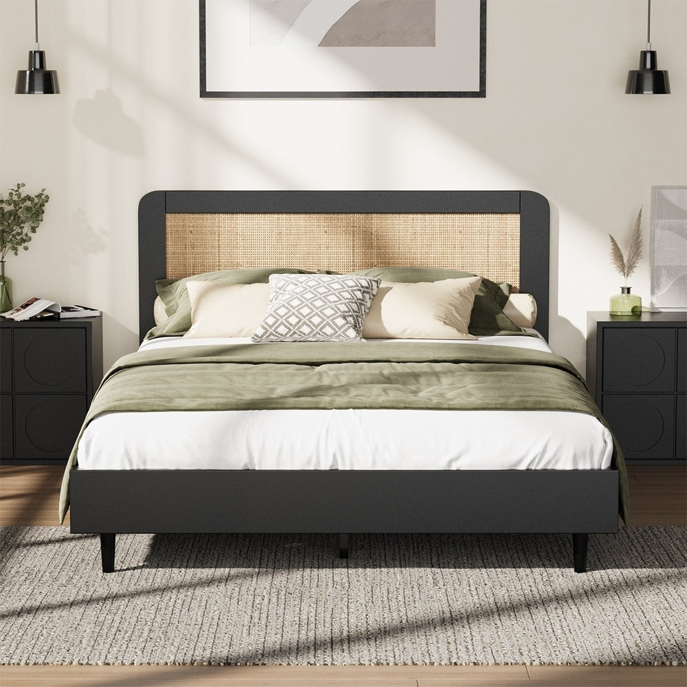 Bed Frame Double Size Real Rattan Headboard Black