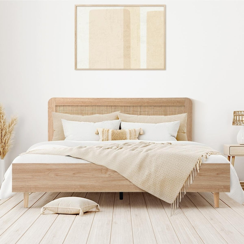 Wooden Bed Frame Double Size Rattan Headboard