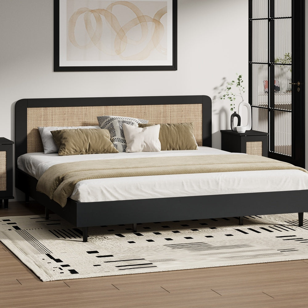 Bed Frame King Size Real Rattan Headboard Black