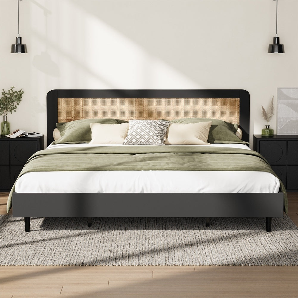 Bed Frame King Size Real Rattan Headboard Black