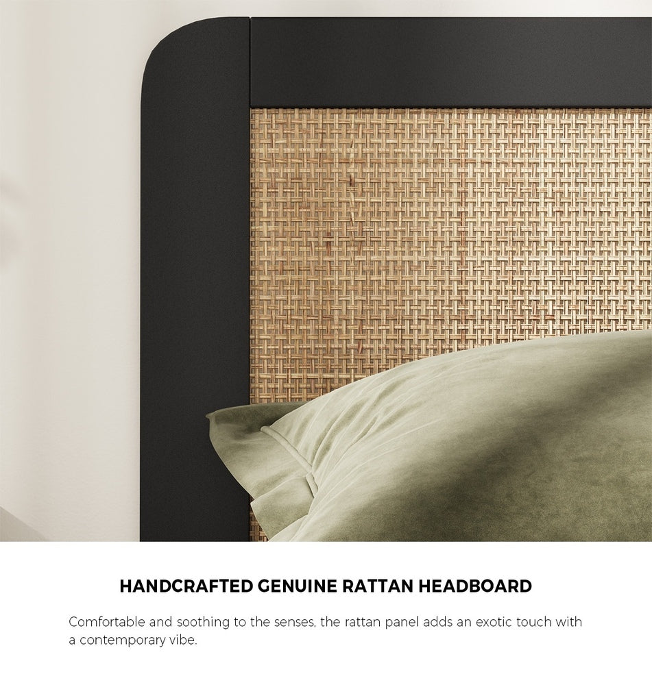 Bed Frame King Size Real Rattan Headboard Black
