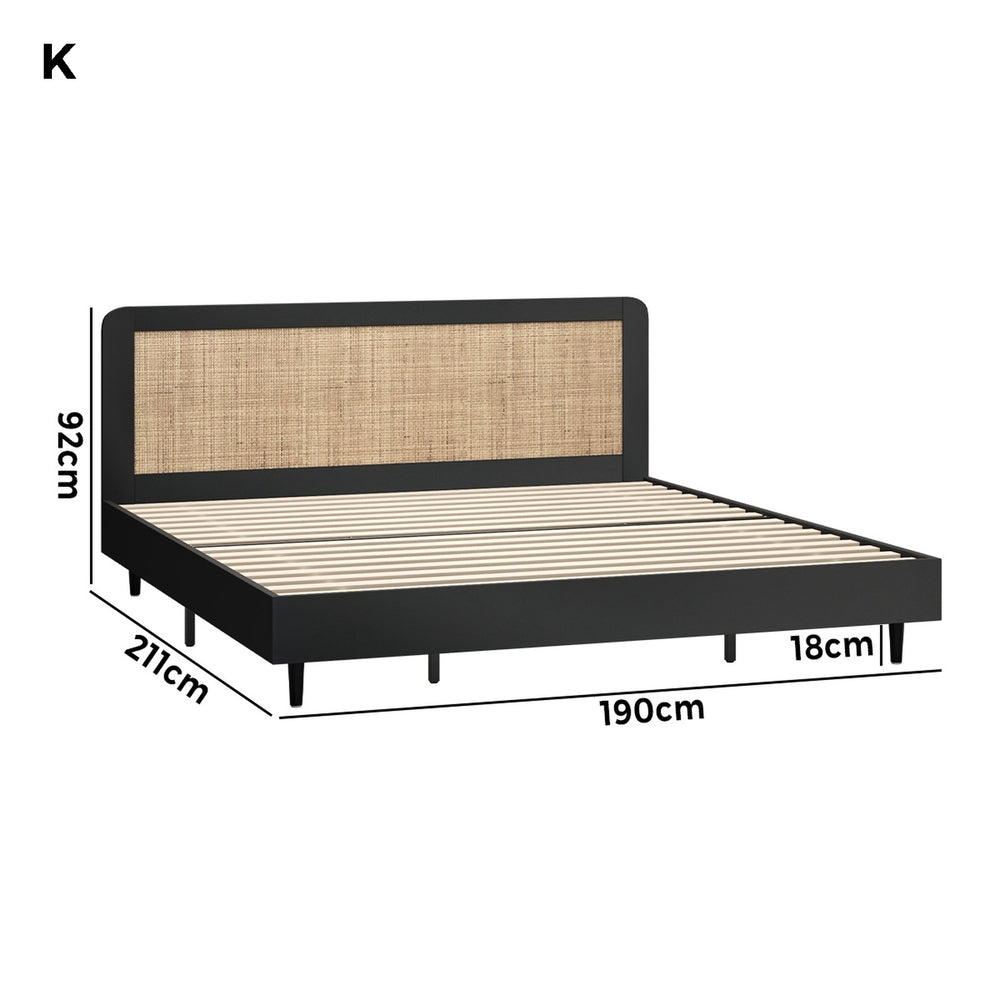 Bed Frame King Size Real Rattan Headboard Black