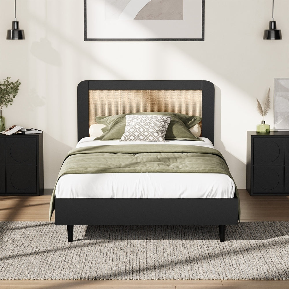 Wooden Bed Frame – Rattan Headboard, 13mm Slats, Black, King Single