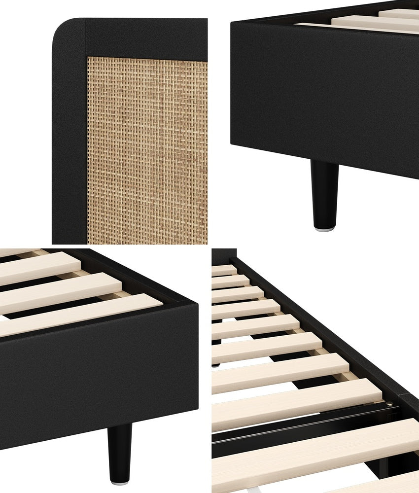 Wooden Bed Frame – Rattan Headboard, 13mm Slats, Black, King Single