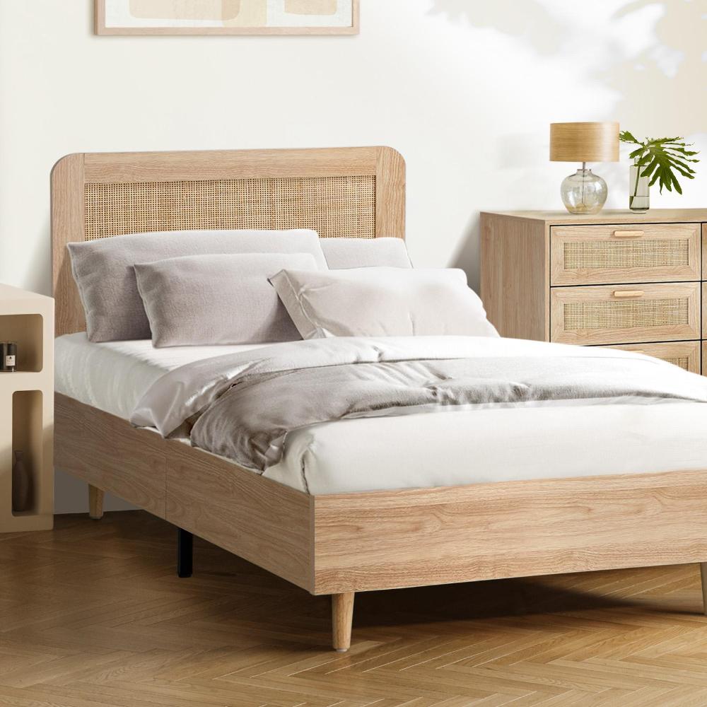 Wooden Bed Frame King Single Rattan Headboard