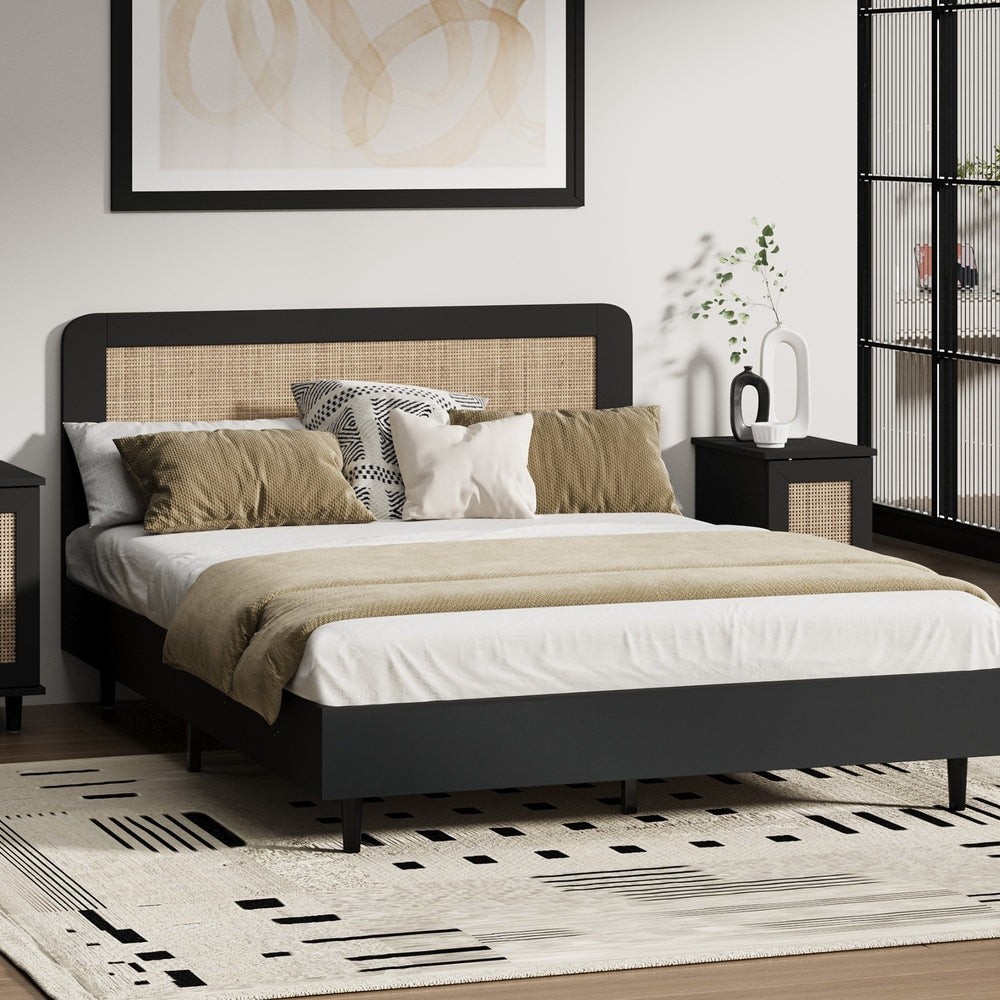 Bed Frame Queen Size Real Rattan Headboard Black