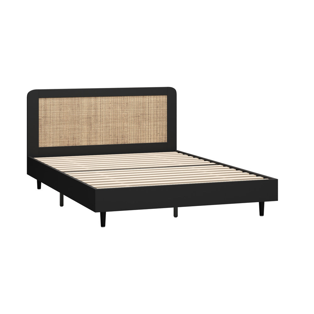 Bed Frame Queen Size Real Rattan Headboard Black