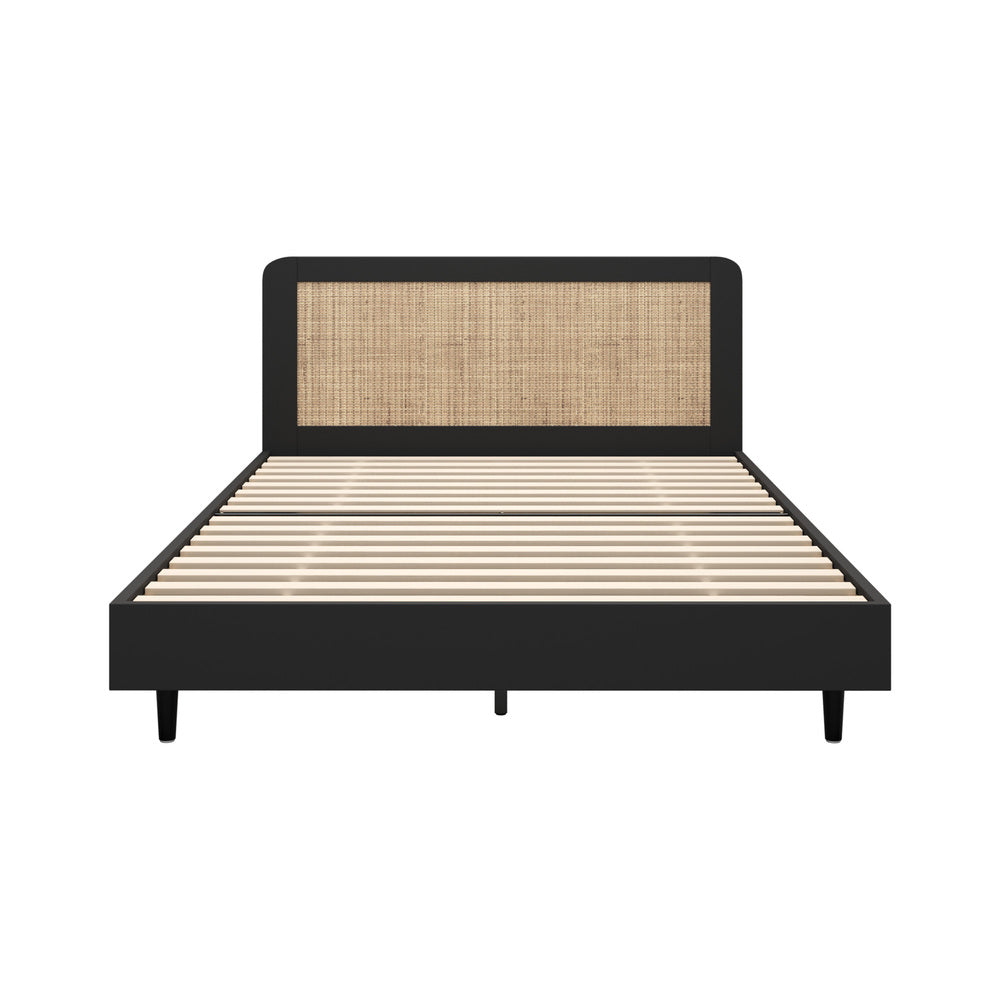 Bed Frame Queen Size Real Rattan Headboard Black