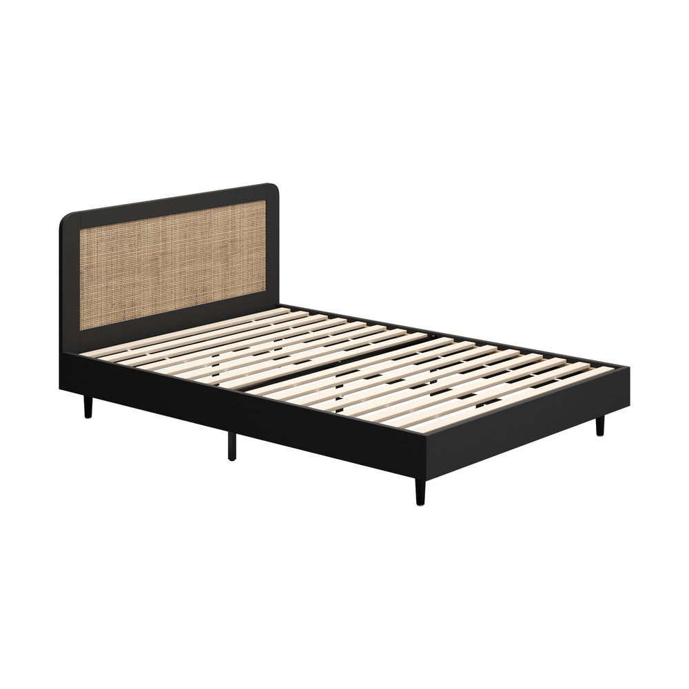 Bed Frame Queen Size Real Rattan Headboard Black