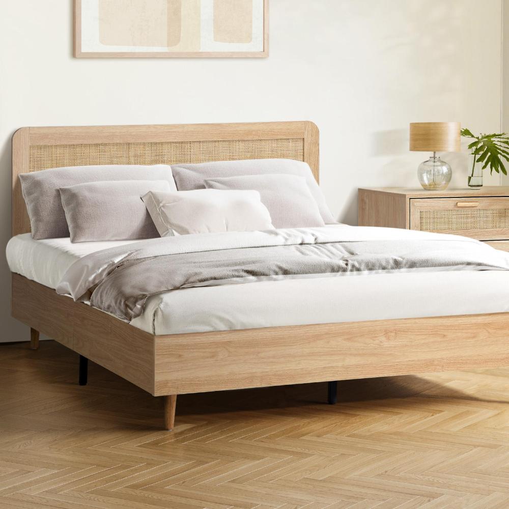 Wooden Bed Frame Queen Size Rattan Headboard