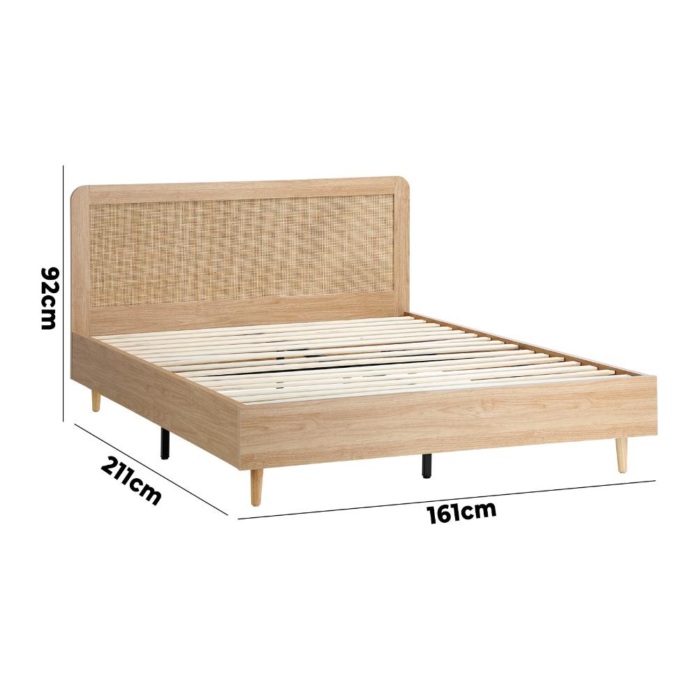 Wooden Bed Frame Queen Size Rattan Headboard