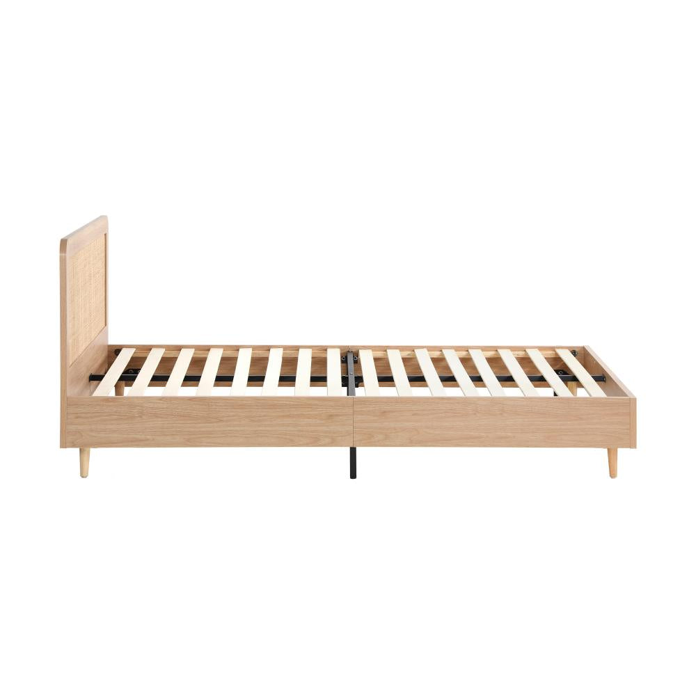 Wooden Bed Frame Queen Size Rattan Headboard