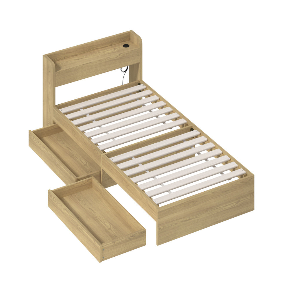 Wooden Bed Frame Single Size with Charging Ports & 2 Drawers