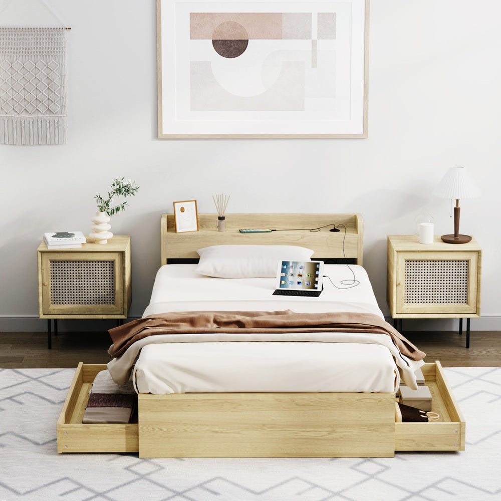 Wooden Bed Frame Single Size with Charging Ports & 2 Drawers