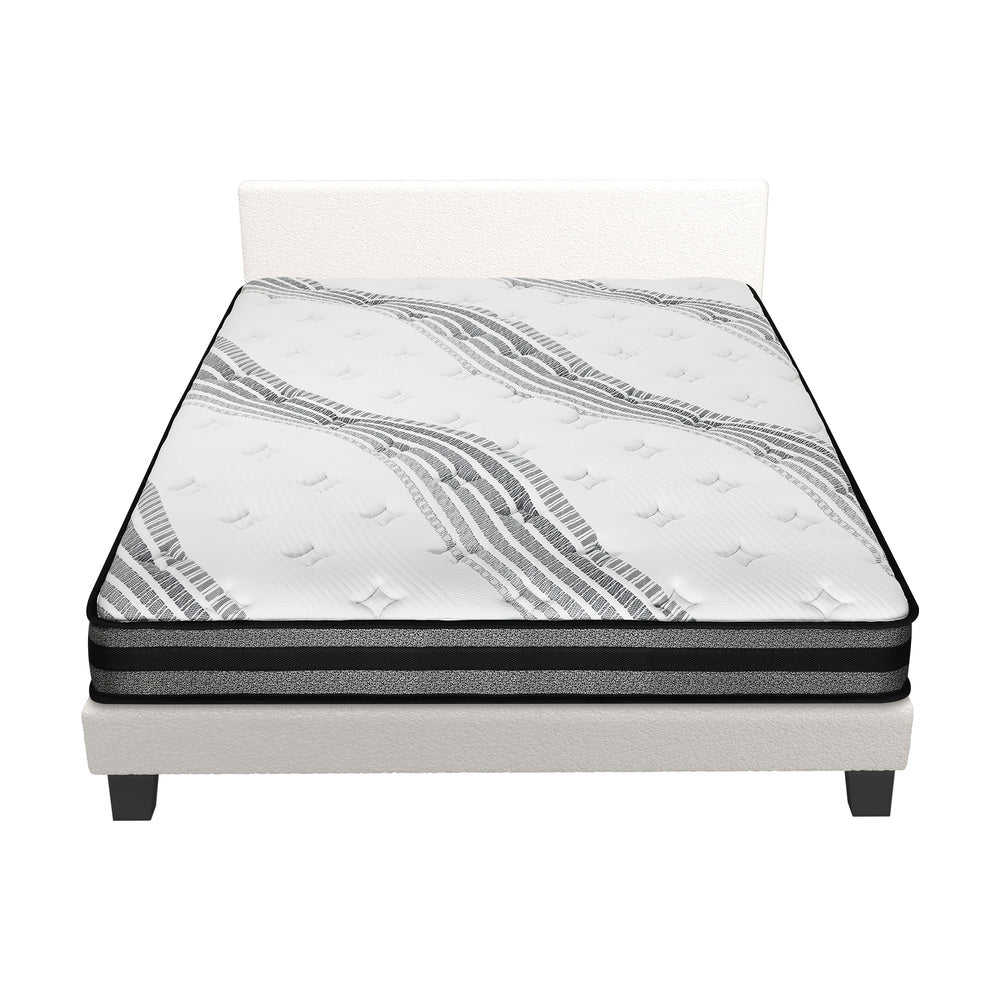 Bed Frame with Double Mattress Set Boucle Fabric White