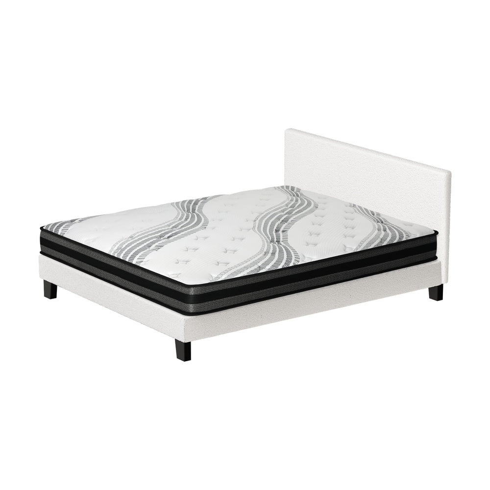 Bed Frame with Double Mattress Set Boucle Fabric White