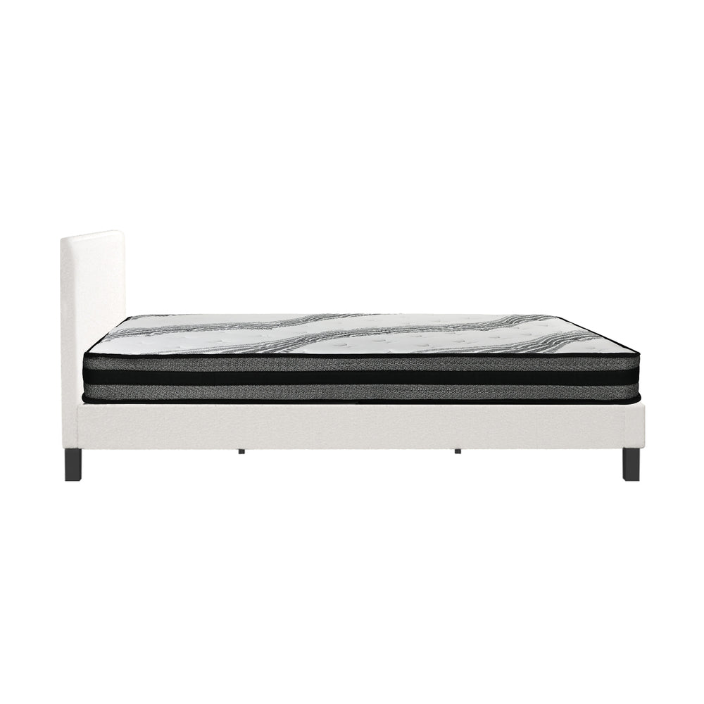 Bed Frame with Double Mattress Set Boucle Fabric White