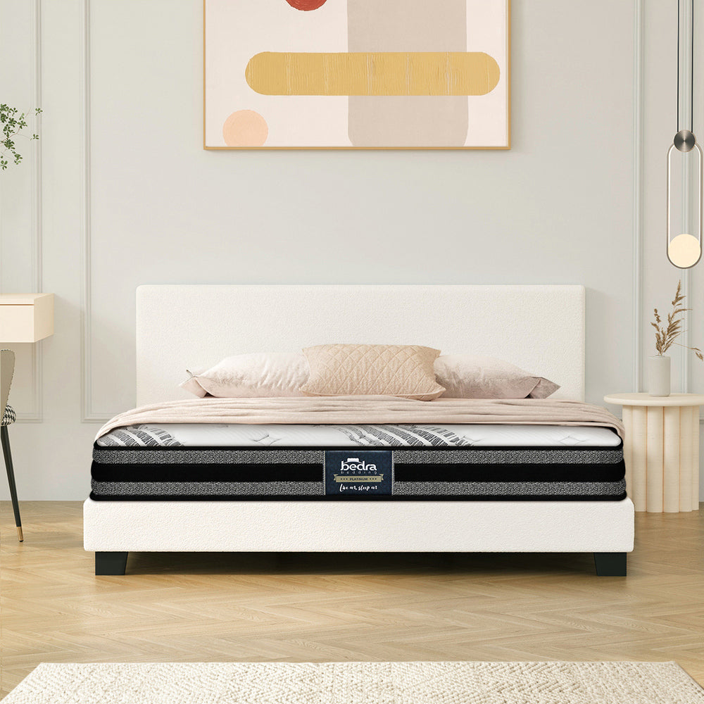 Bed Frame with Double Mattress Set Boucle Fabric White