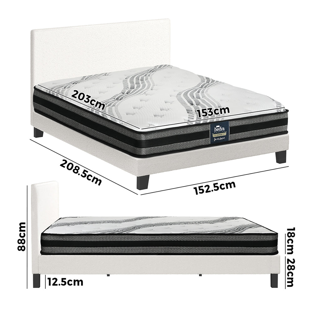 Bed Frame with Queen Size Mattress Set Boucle Fabric White