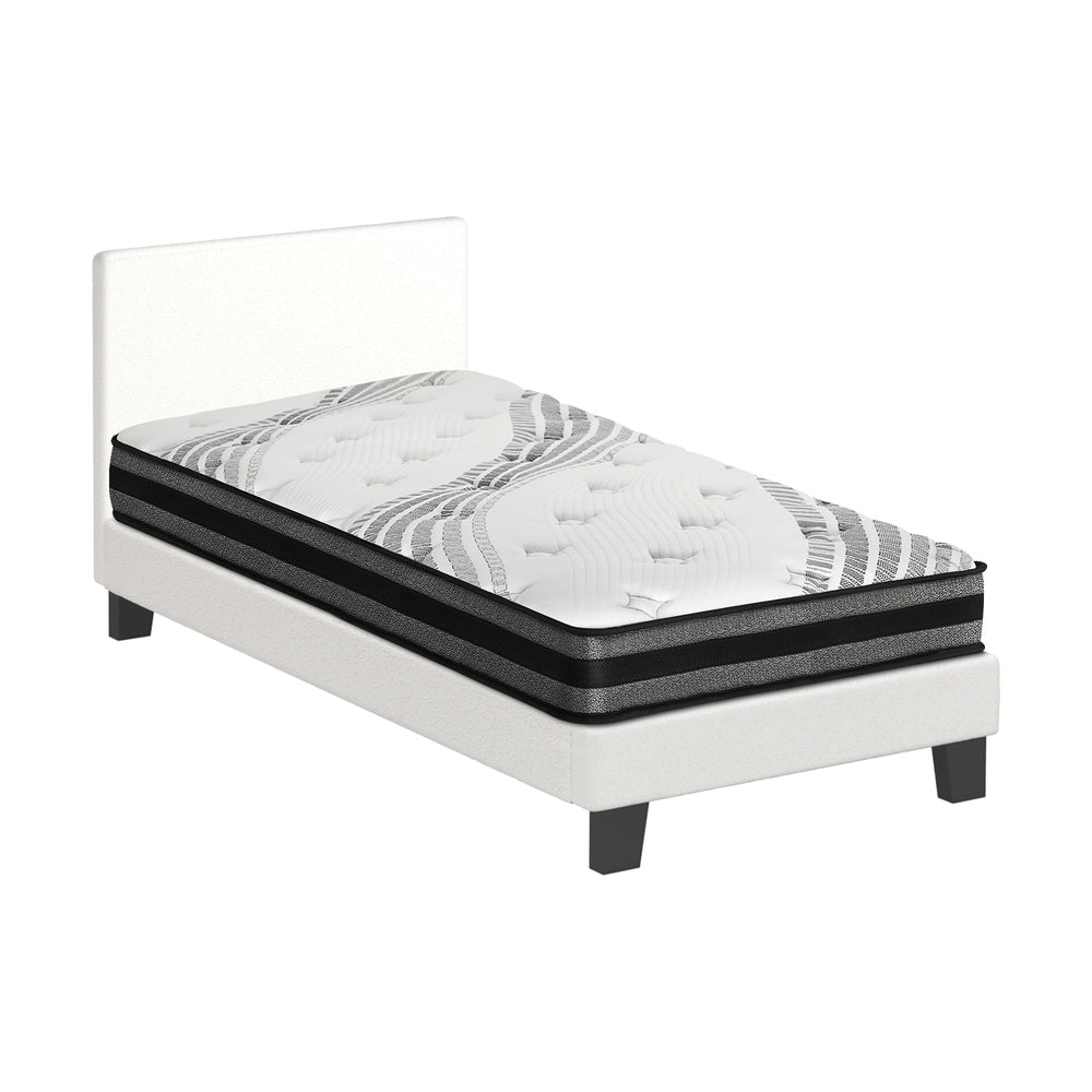 Bed Frame with Single Size Mattress Set Boucle Fabric White