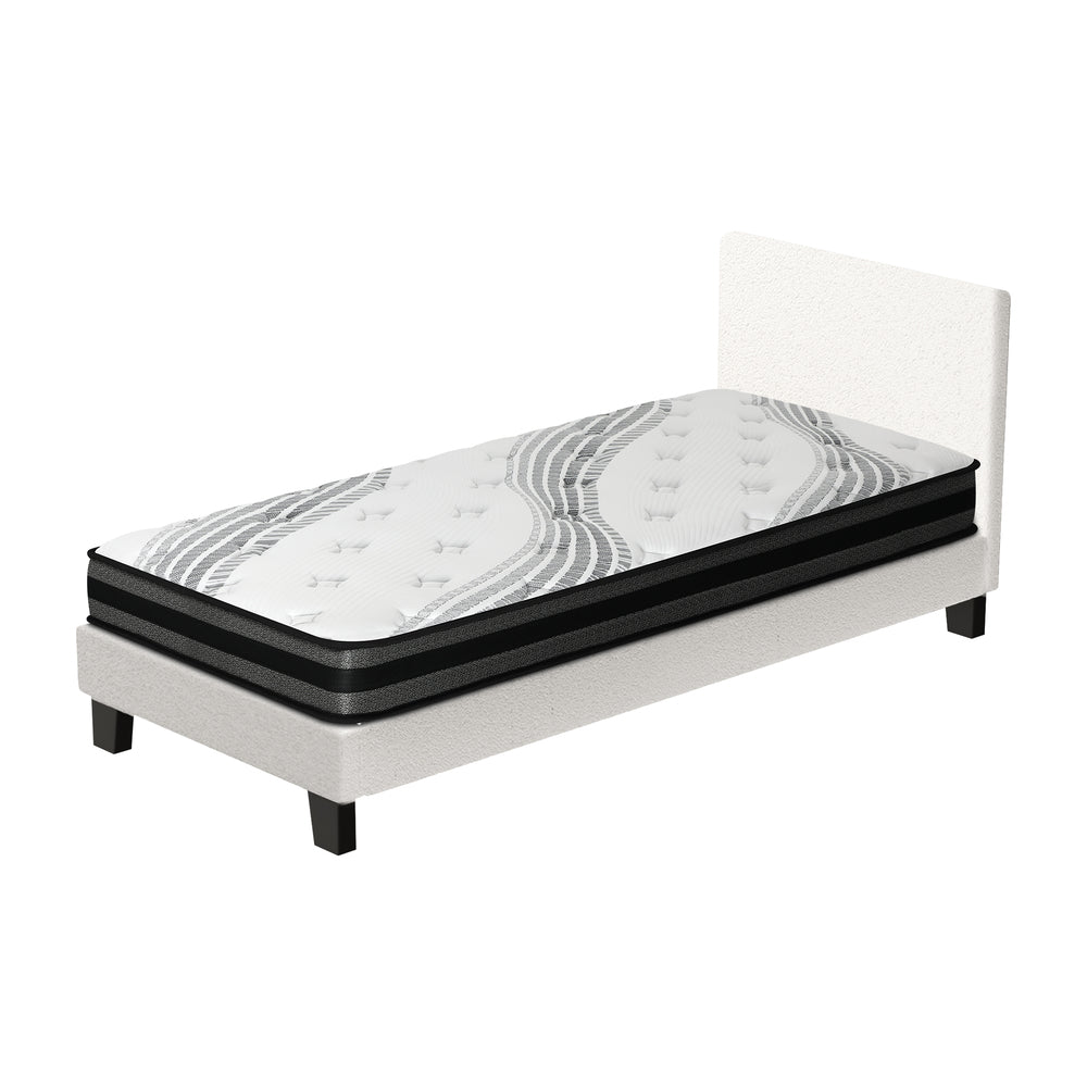 Bed Frame with Single Size Mattress Set Boucle Fabric White