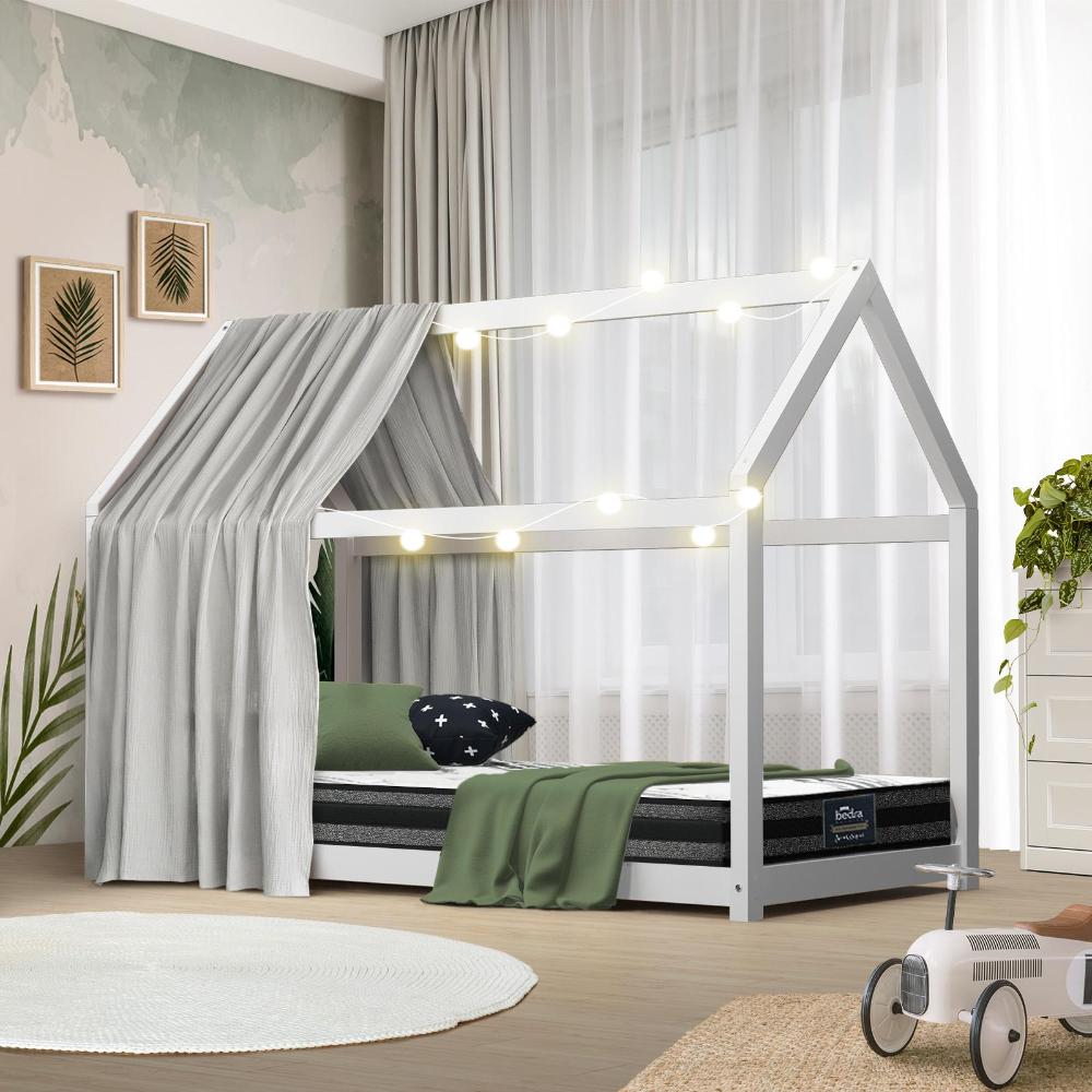 Kids Bed Frame with Single Mattress House Style White