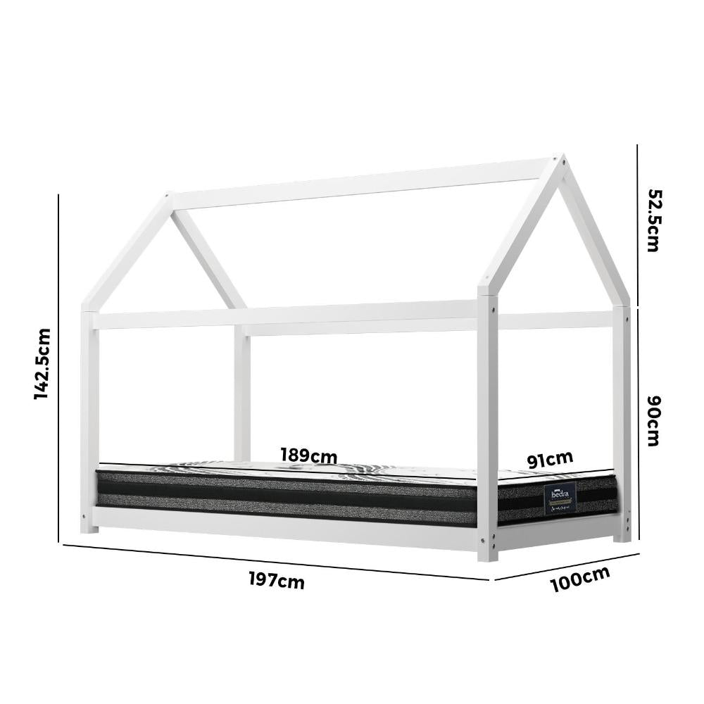 Kids Bed Frame with Single Mattress House Style White