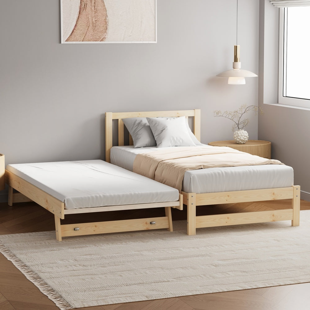 Trundle Kids Bed Frame Single Wooden Timber Dual Beds Natural