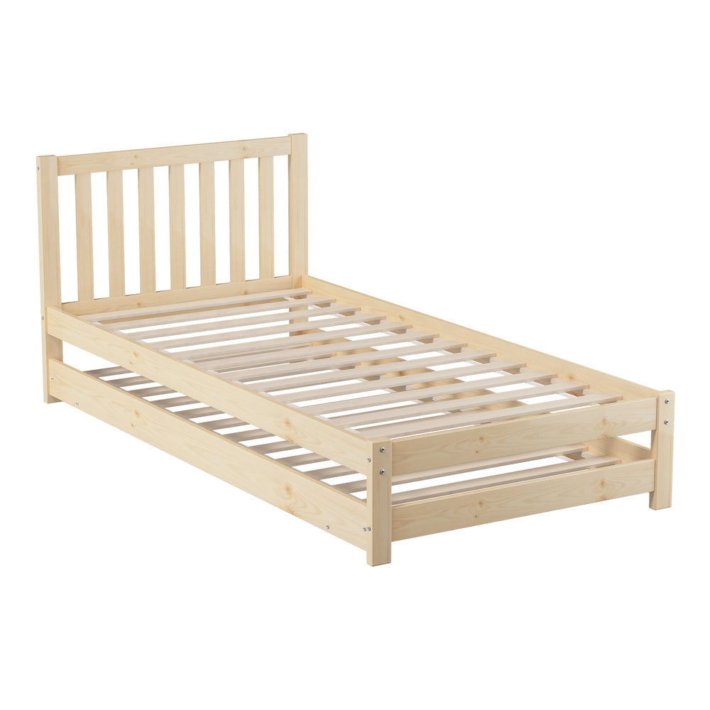 Trundle Kids Bed Frame Single Wooden Timber Dual Beds Natural