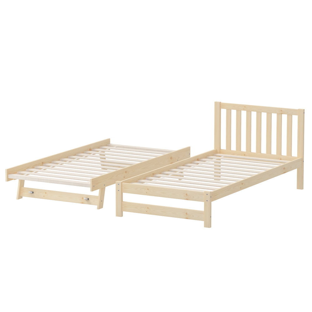 Trundle Kids Bed Frame Single Wooden Timber Dual Beds Natural