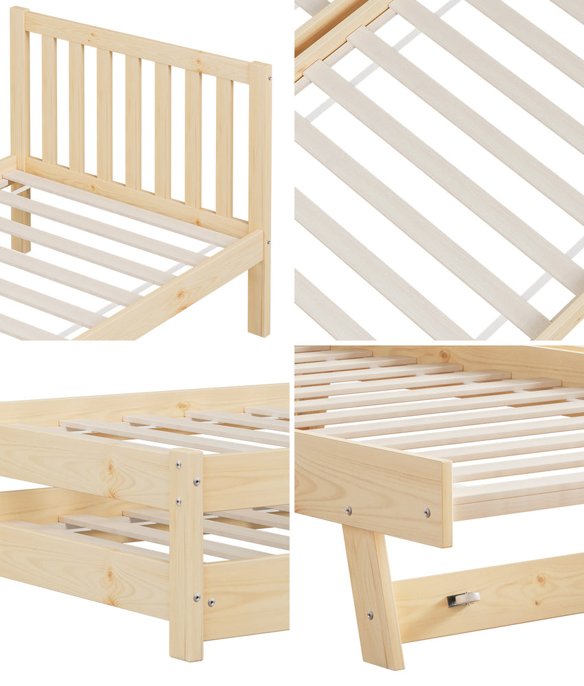 Trundle Kids Bed Frame Single Wooden Timber Dual Beds Natural