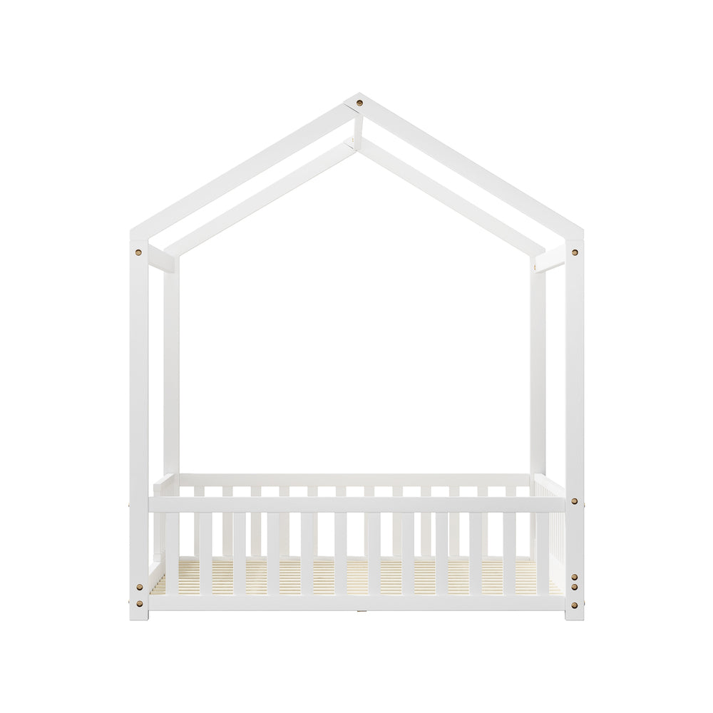 Oikiture Kids Wooden Bed Frame House Beds Platform Double White Timber Pine