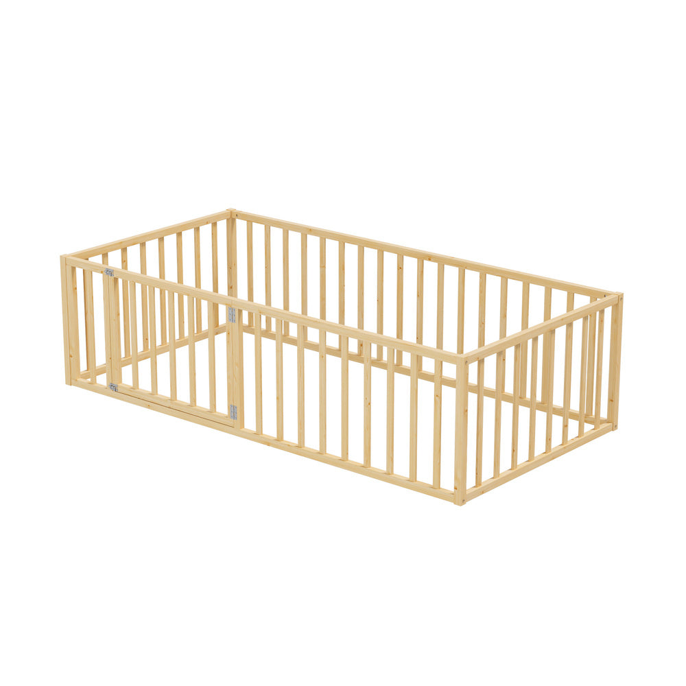 2-in-1 Kids Bed Frame Single Toddler Play Guard Fence Wood