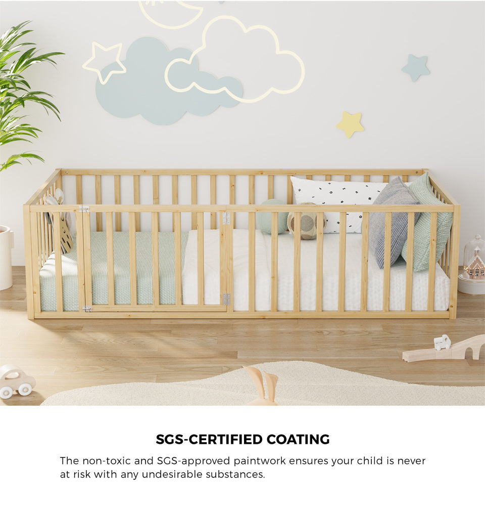 2-in-1 Kids Bed Frame Single Toddler Play Guard Fence Wood