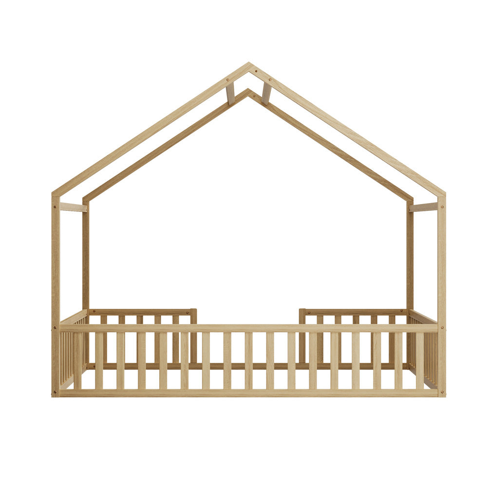Oikiture Double House Beds Kids Wooden Bed Frame Timber Base Natural
