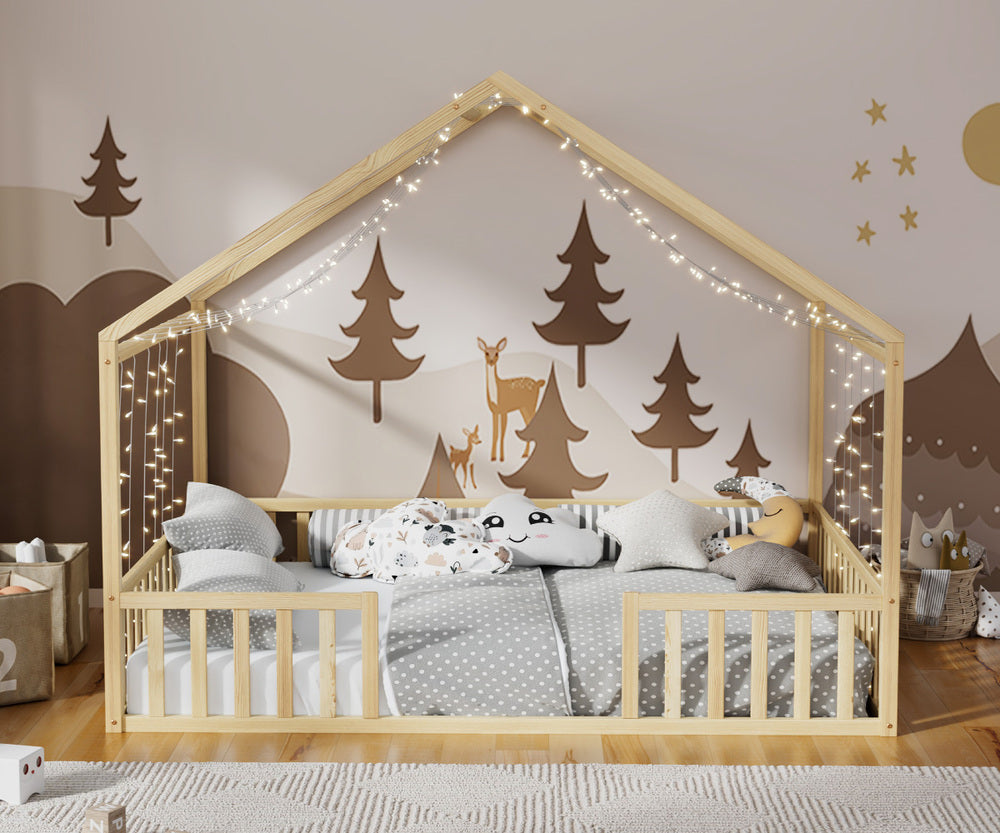 Double House Beds Kids Wooden Bed Frame Timber Base Natural