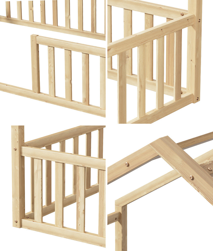 Double House Beds Kids Wooden Bed Frame Timber Base Natural