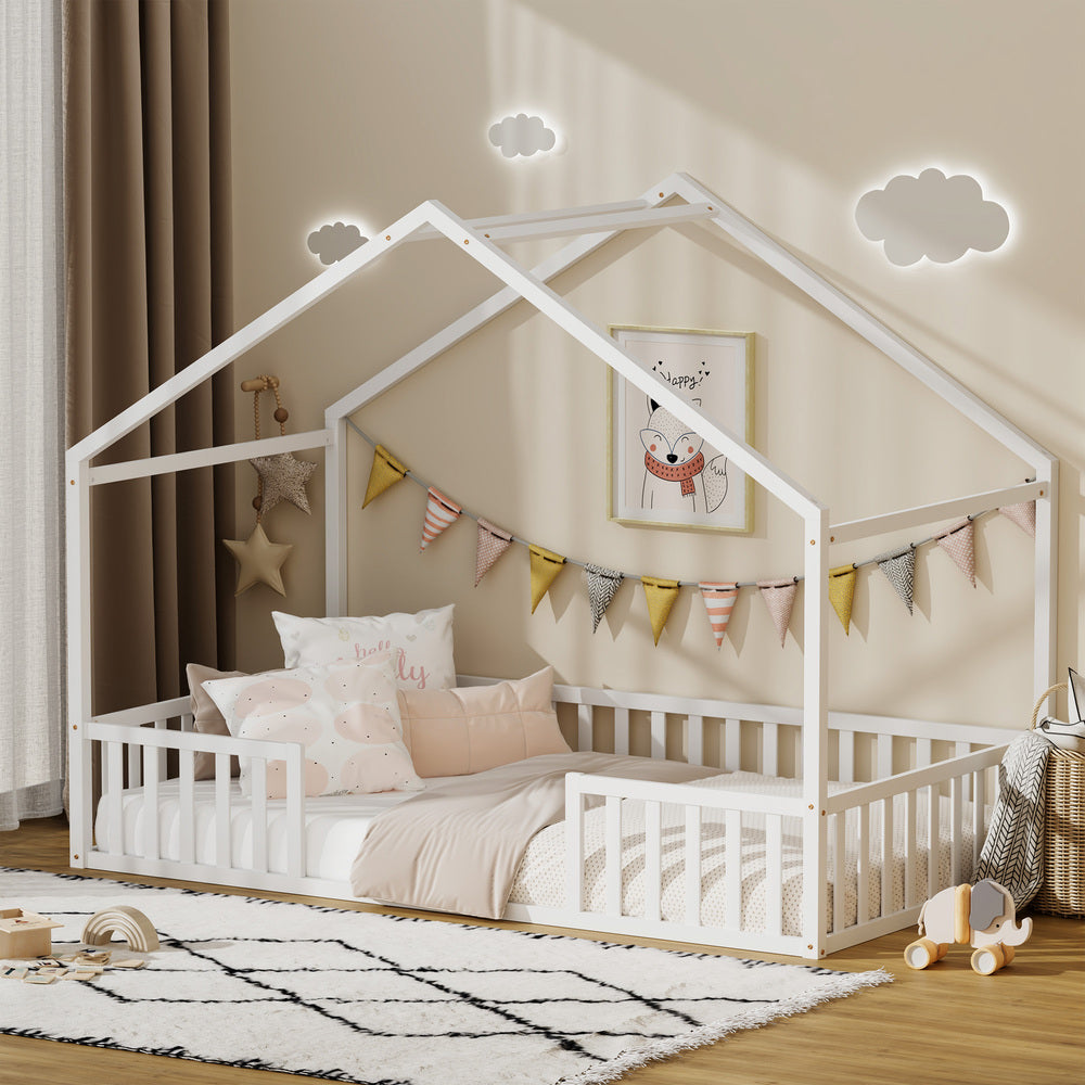 Double House Beds Kids Wooden Bed Frame Timber Base White