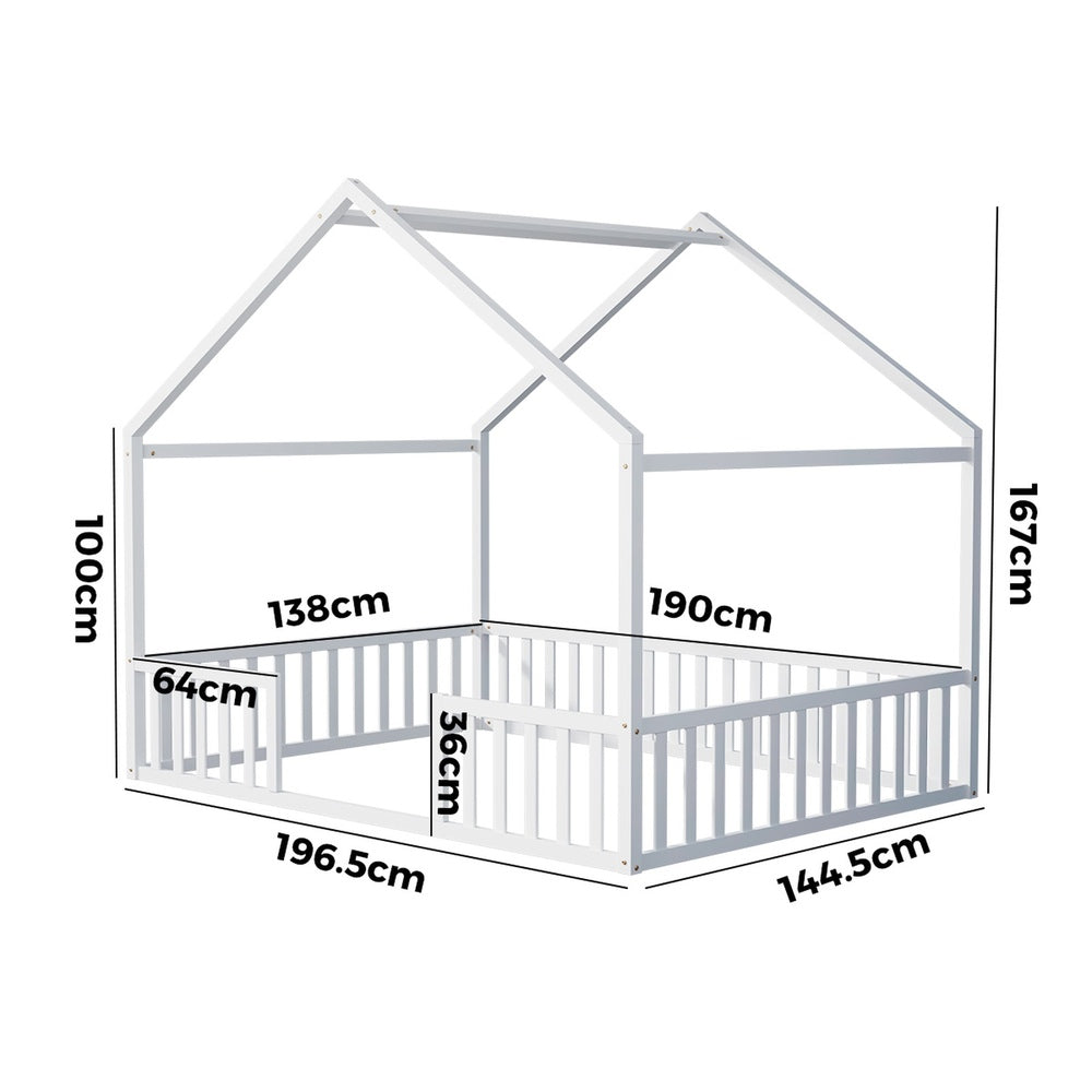 Oikiture Double House Beds Kids Wooden Bed Frame Timber Base White