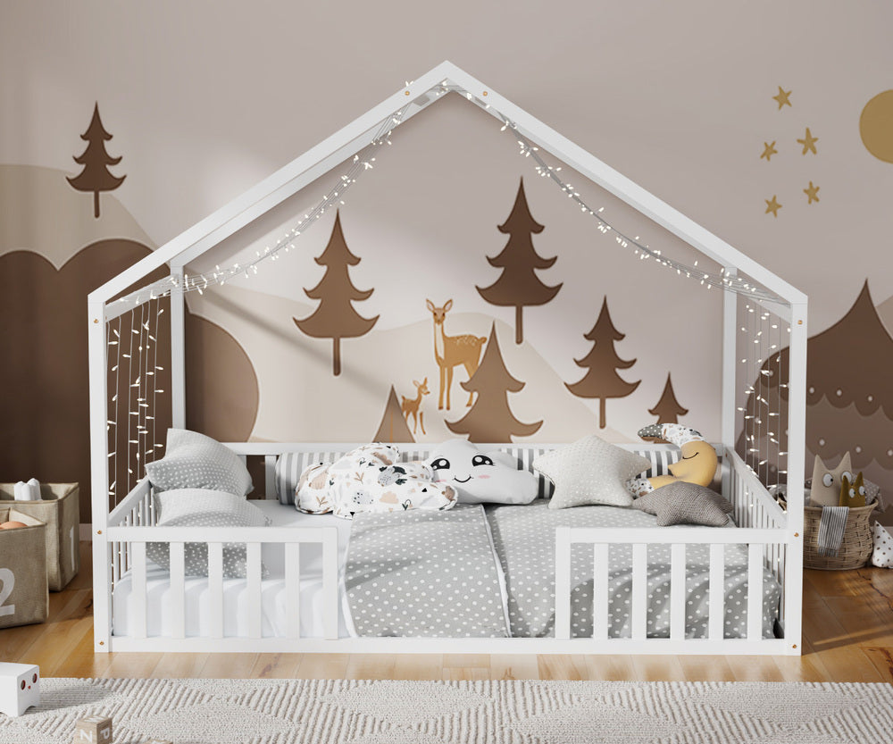 Double House Beds Kids Wooden Bed Frame Timber Base White