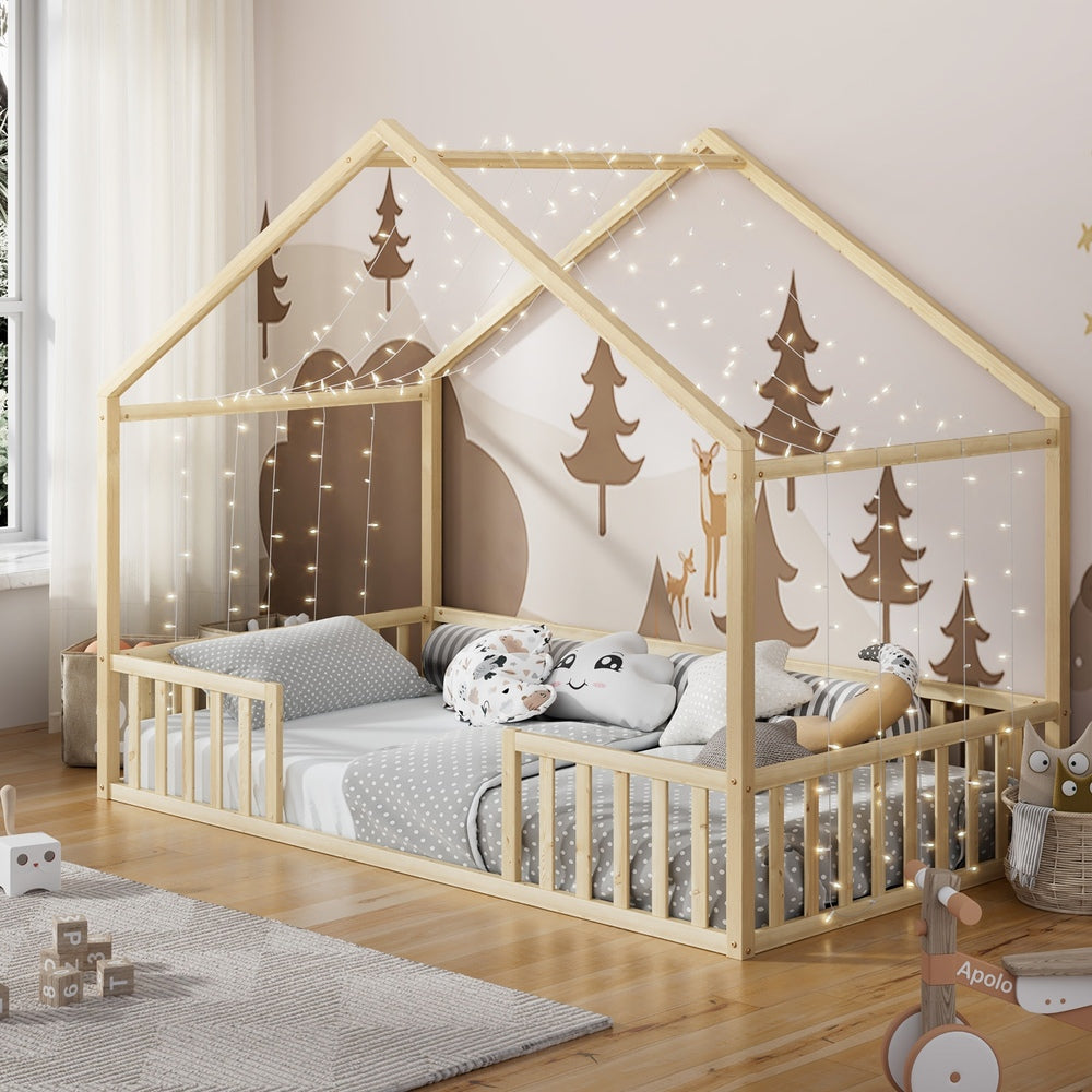 Wooden Kids Bed Frame King Single House Beds Timber Natural