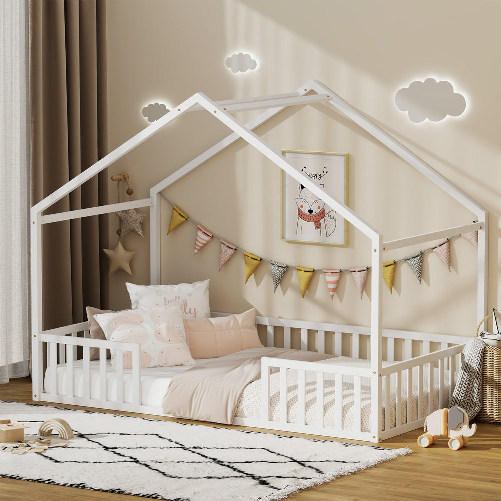 Wooden Kids Bed Frame King Single House Beds Timber White