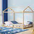 Oikiture Double Kids Wooden Bed Frame House Beds with Fence Natural