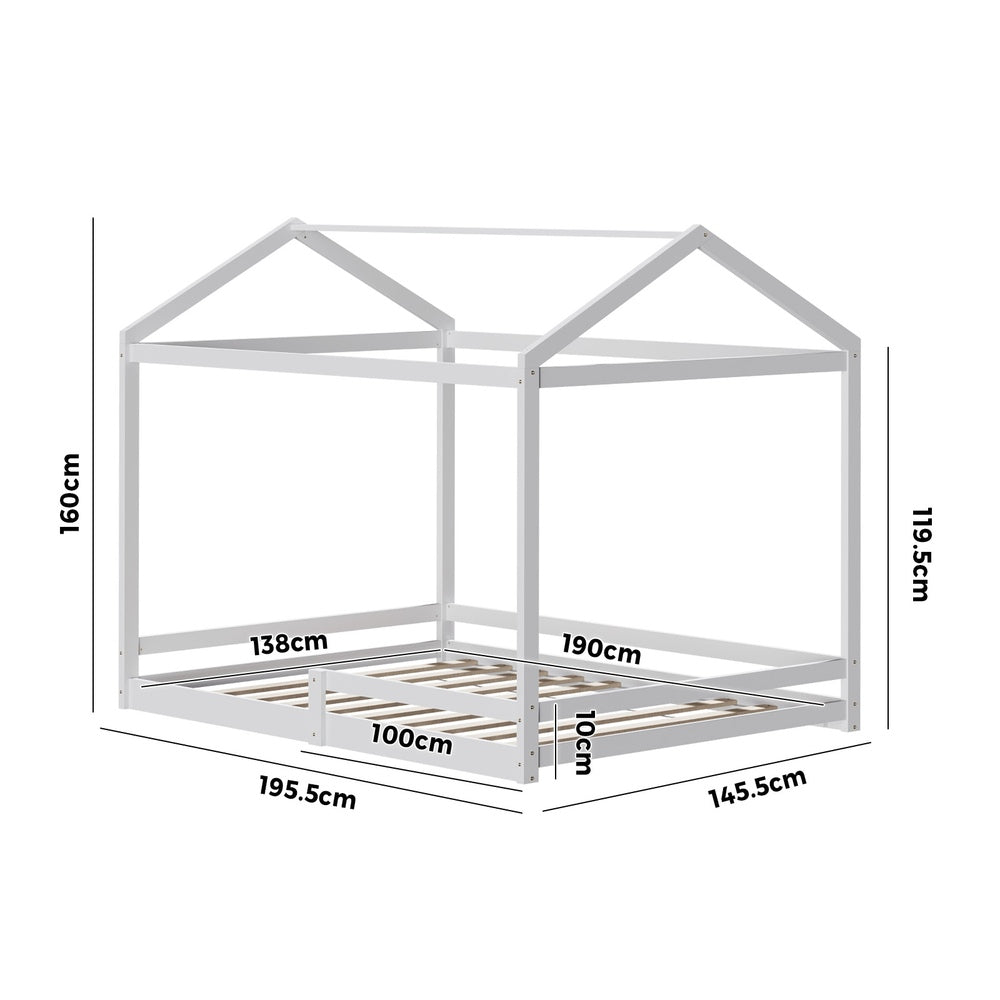 Oikiture Kids Wooden Bed Frame House Base with Fence Double White