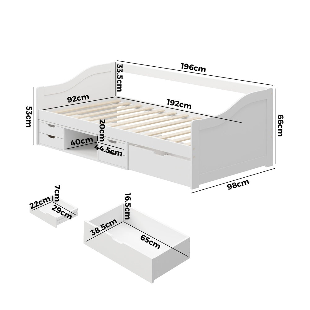 Oikiture Single Kids Bed Frame with Trundle Storage Drawers Timber White