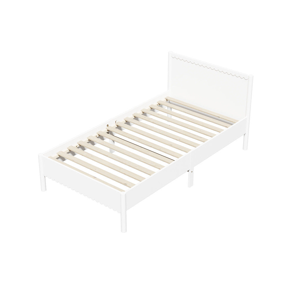 Scalloped Bed Wooden Kids Bed Frame Timber King Single White