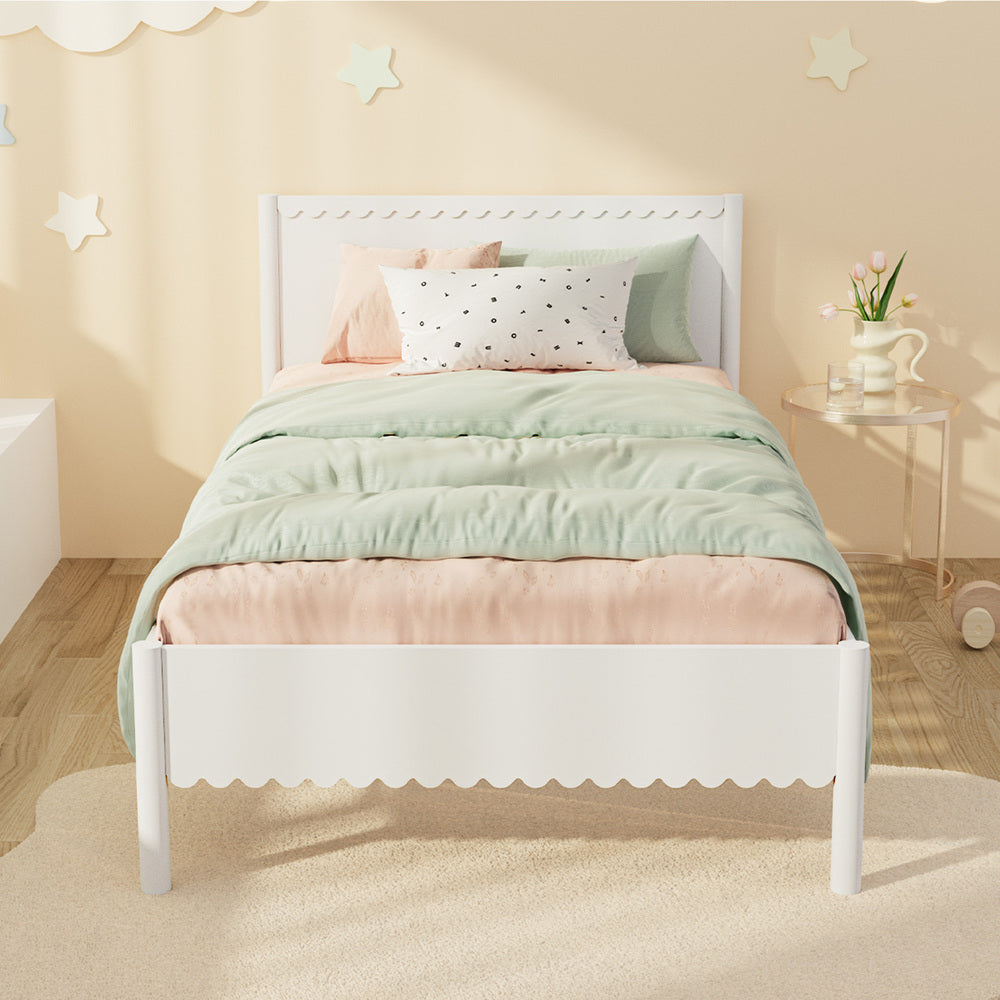 Scalloped Bed Wooden Kids Bed Frame Timber King Single White