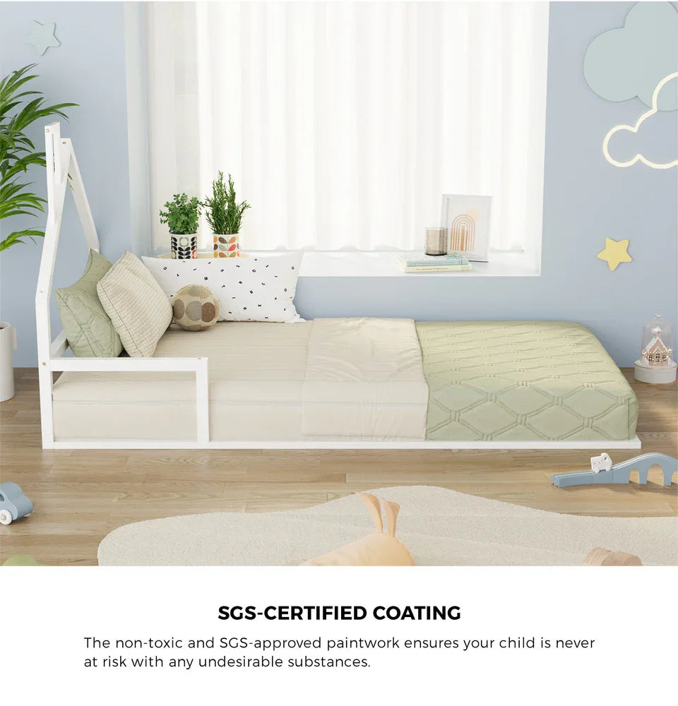 Wooden Kids Bed Frame Floor Beds Chimney King Single White